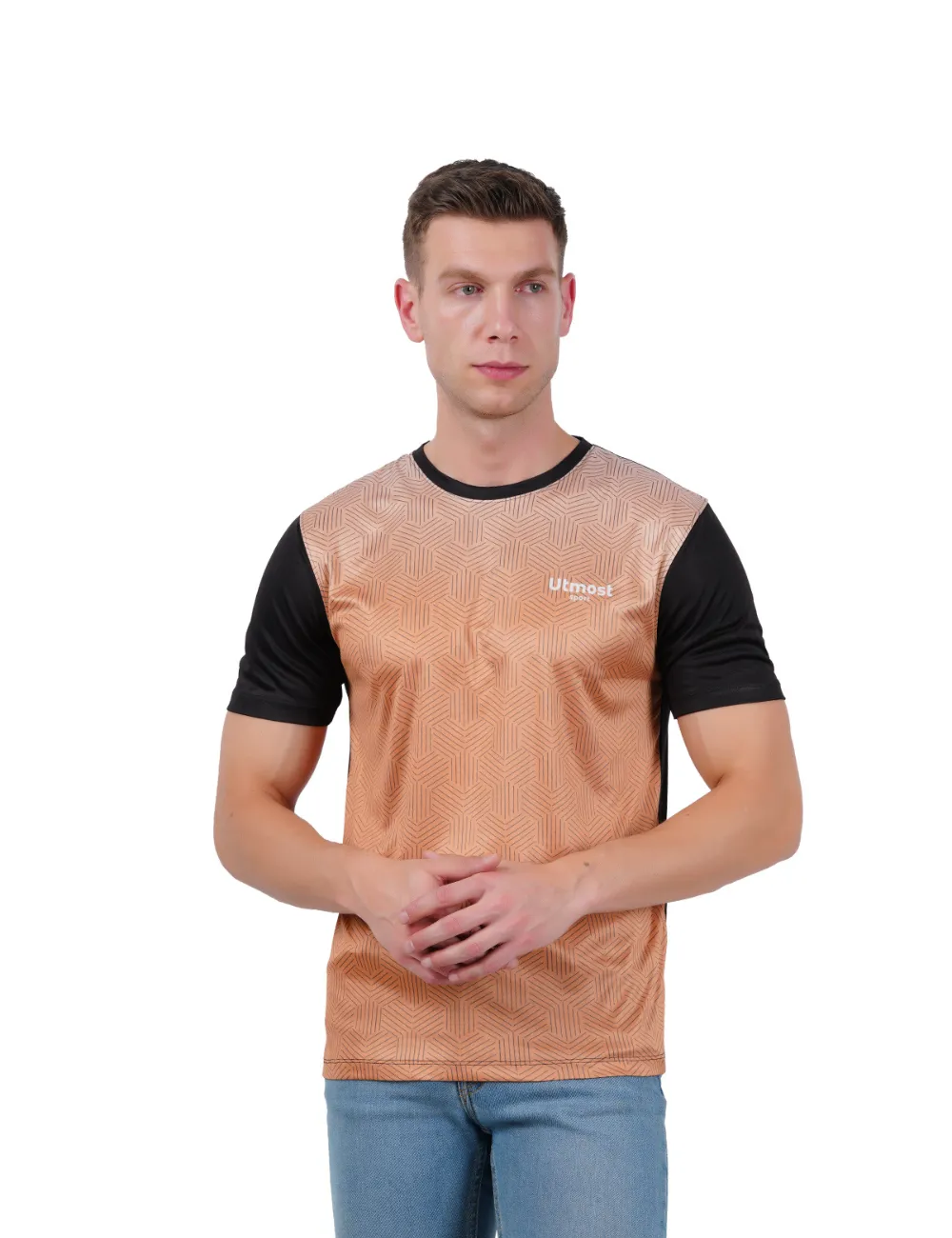 DRY FIT ROUND NECK T SHIRT-  BRONZE & BLACK PRINT - S14