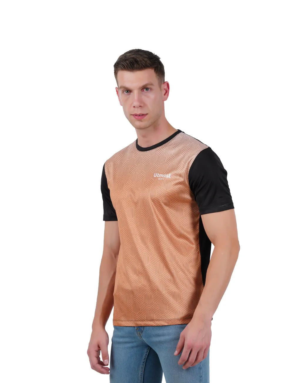 DRY FIT ROUND NECK T SHIRT-  BRONZE & BLACK PRINT - S14