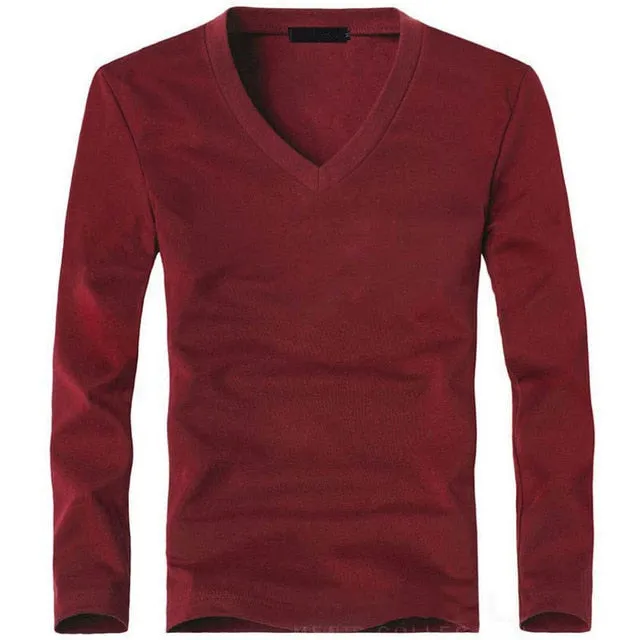Elastic Mens T-Shirt V-Neck Long Sleeve Men T Shirt For Male Lycra And Cotton T-Shirts Man Clothing TShirt Brand Tees