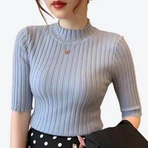 Elegant Ribbed Mock Neck Half-Sleeve Tops
