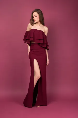 EMILIA DRESS SET Layered Off Shoulder Top   High Slit Skirt (Dark Maroon)