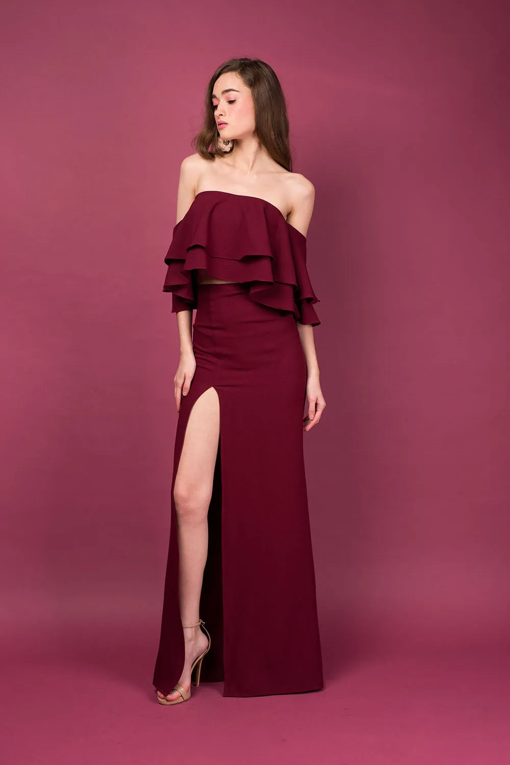 EMILIA DRESS SET Layered Off Shoulder Top   High Slit Skirt (Dark Maroon)