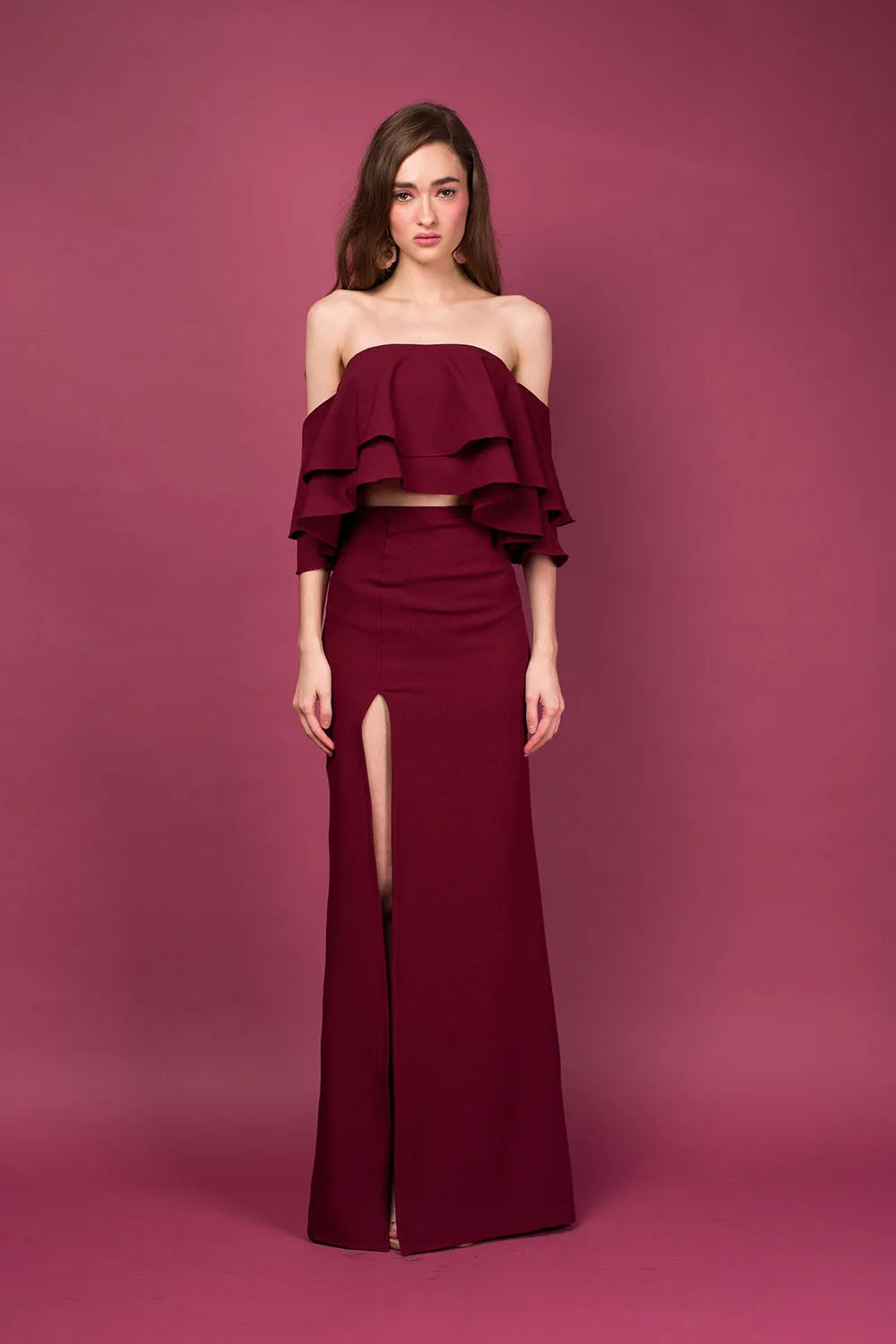 EMILIA DRESS SET Layered Off Shoulder Top   High Slit Skirt (Dark Maroon)