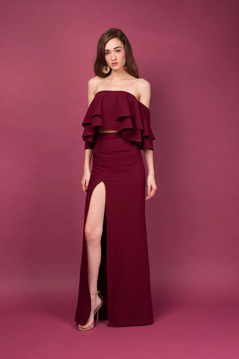 EMILIA DRESS SET Layered Off Shoulder Top   High Slit Skirt (Dark Maroon)