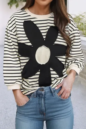 Everly Striped 60s Flower 3/4 Sleeve Top