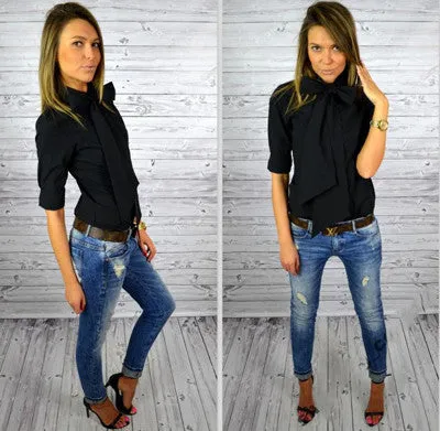 Fashion Women Blouse Work Shirt Solid Color Casual Slim Big Bowknot Shirts Tops