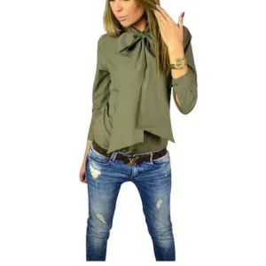 Fashion Women Blouse Work Shirt Solid Color Casual Slim Big Bowknot Shirts Tops