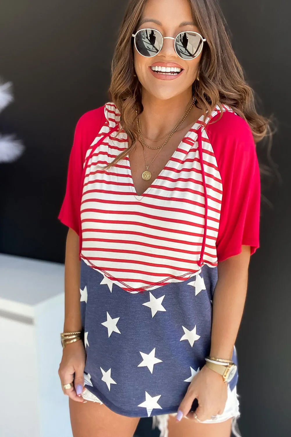 Fiery Red Stars and Stripes Print Drawstring Hooded T Shirt
