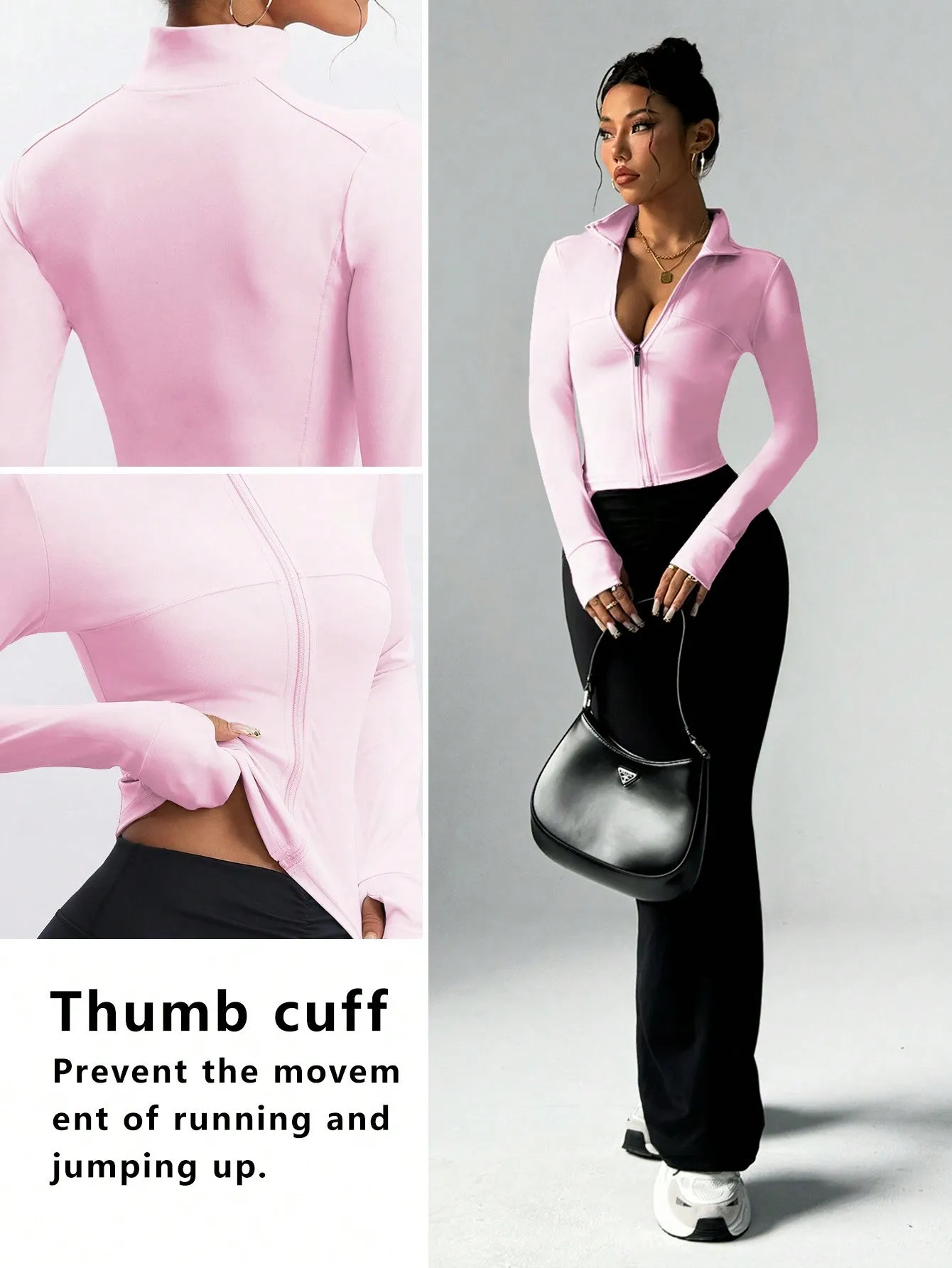 Fitted Women's Fitness Workout Jacket, Zipper Design Stretchy Activewear For Jogging,Running,Yoga,Elegant SpringSummer Stylish Young Look, Slim Fit Long Sleeve