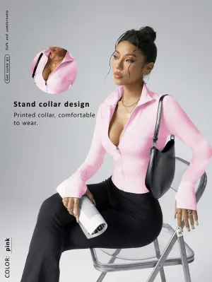 Fitted Women's Fitness Workout Jacket, Zipper Design Stretchy Activewear For Jogging,Running,Yoga,Elegant SpringSummer Stylish Young Look, Slim Fit Long Sleeve