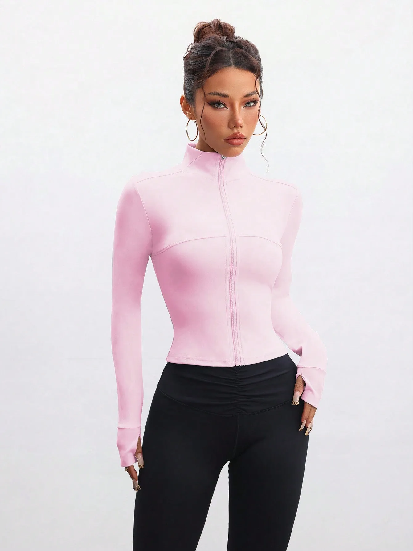 Fitted Women's Fitness Workout Jacket, Zipper Design Stretchy Activewear For Jogging,Running,Yoga,Elegant SpringSummer Stylish Young Look, Slim Fit Long Sleeve