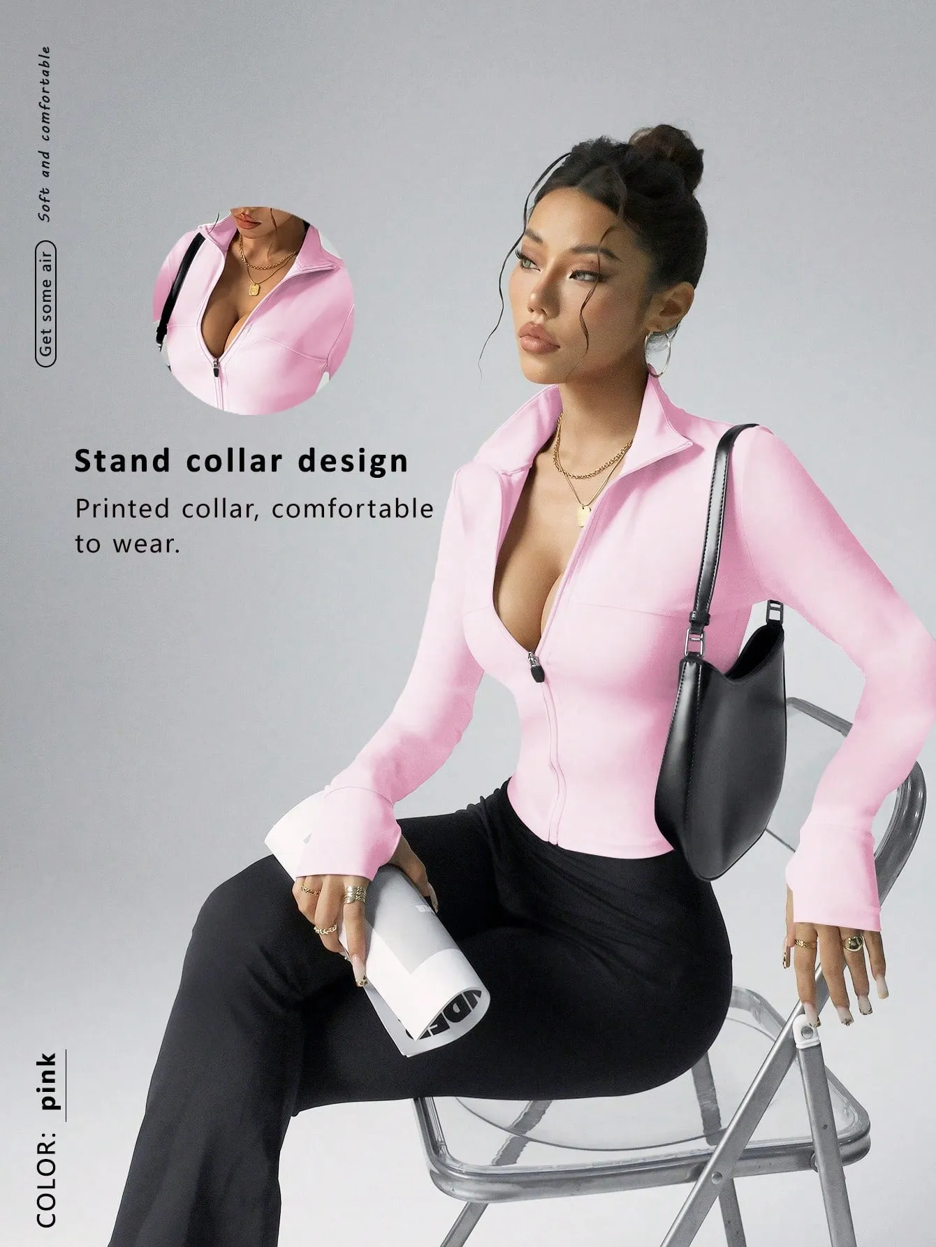 Fitted Women's Fitness Workout Jacket, Zipper Design Stretchy Activewear For Jogging,Running,Yoga,Elegant SpringSummer Stylish Young Look, Slim Fit Long Sleeve