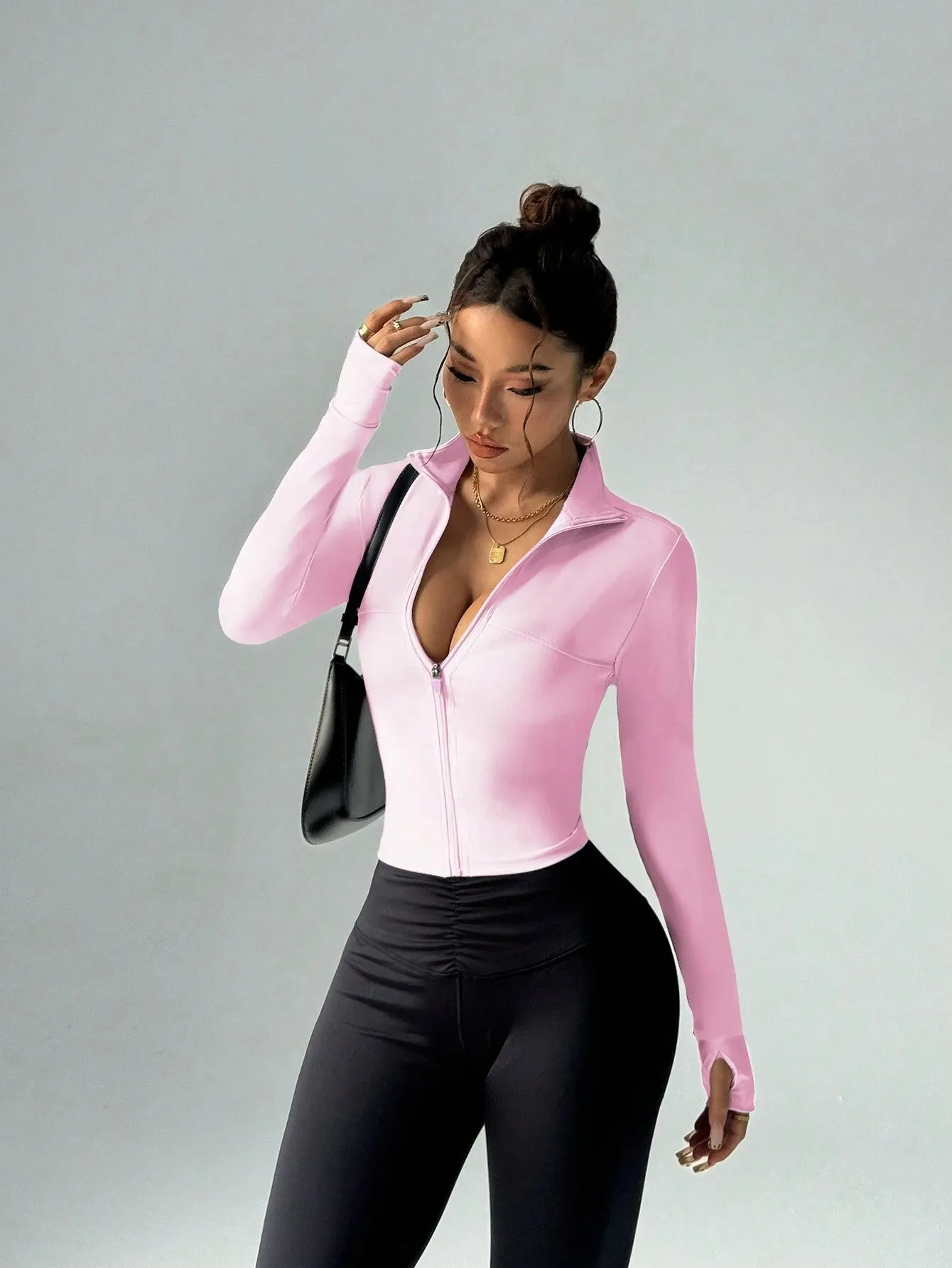 Fitted Women's Fitness Workout Jacket, Zipper Design Stretchy Activewear For Jogging,Running,Yoga,Elegant SpringSummer Stylish Young Look, Slim Fit Long Sleeve