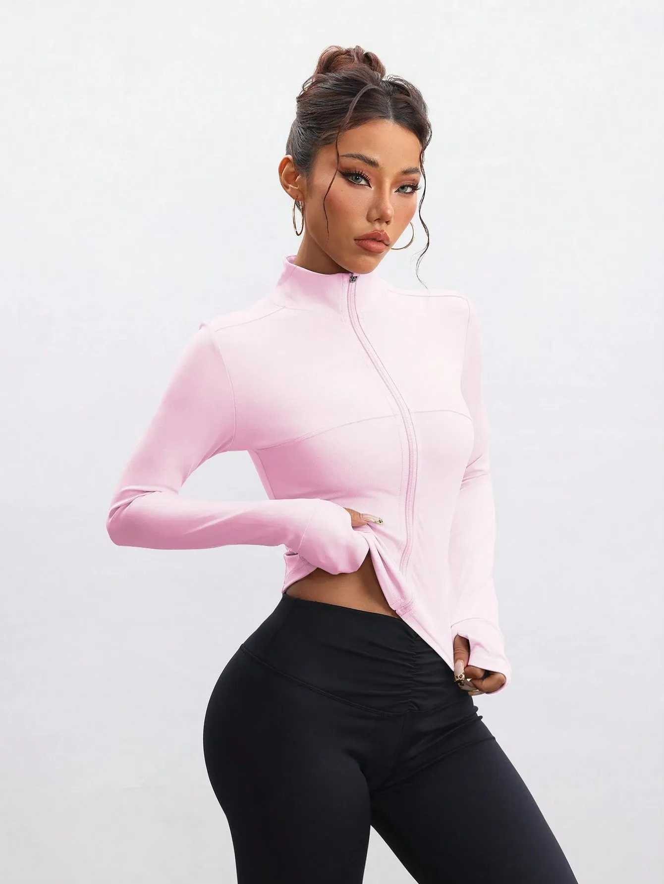 Fitted Women's Fitness Workout Jacket, Zipper Design Stretchy Activewear For Jogging,Running,Yoga,Elegant SpringSummer Stylish Young Look, Slim Fit Long Sleeve