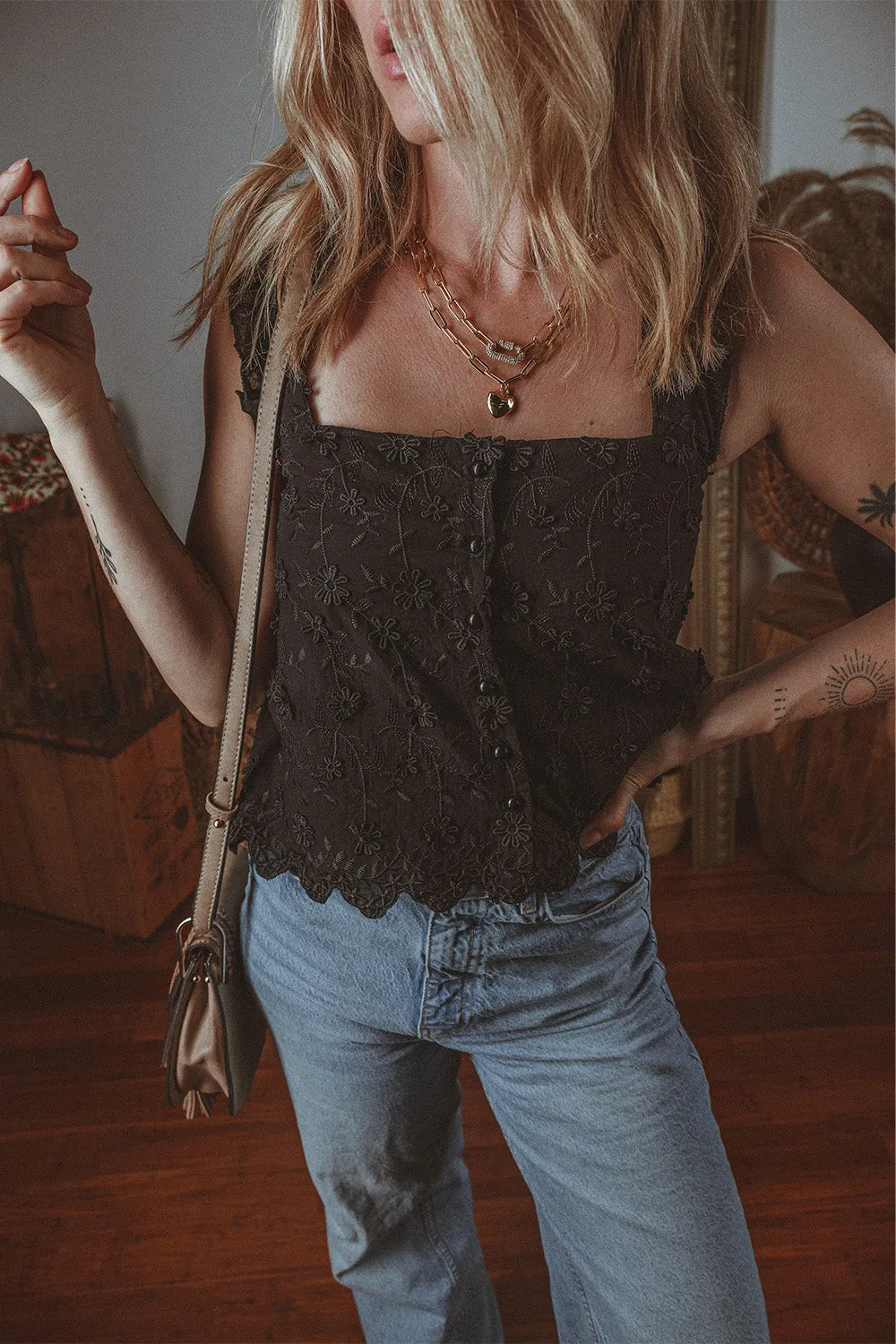 Floral Embroidered Square Neck Tank Top