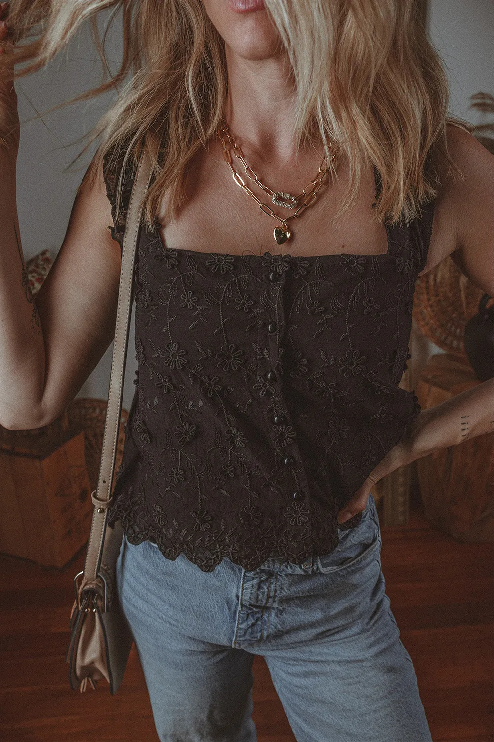 Floral Embroidered Square Neck Tank Top
