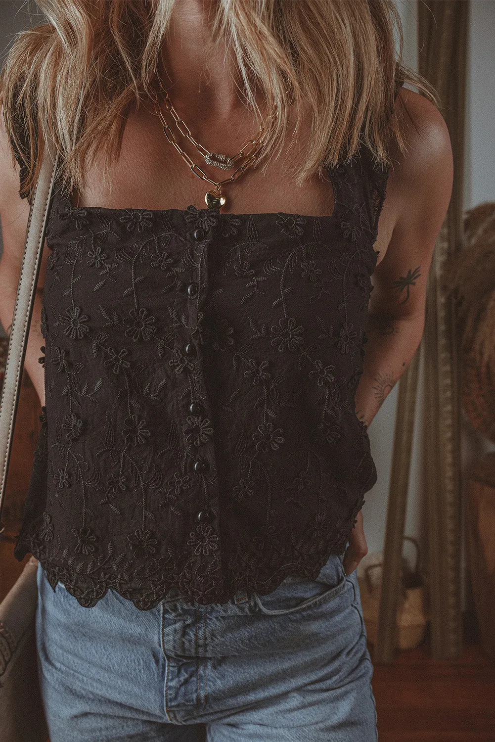 Floral Embroidered Square Neck Tank Top