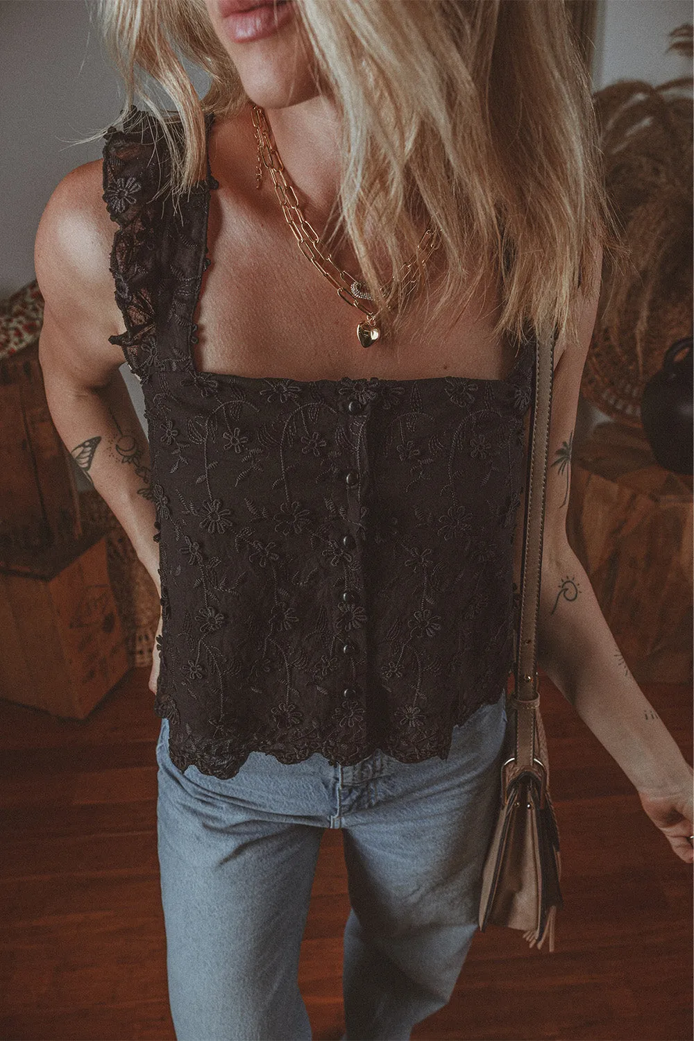 Floral Embroidered Square Neck Tank Top