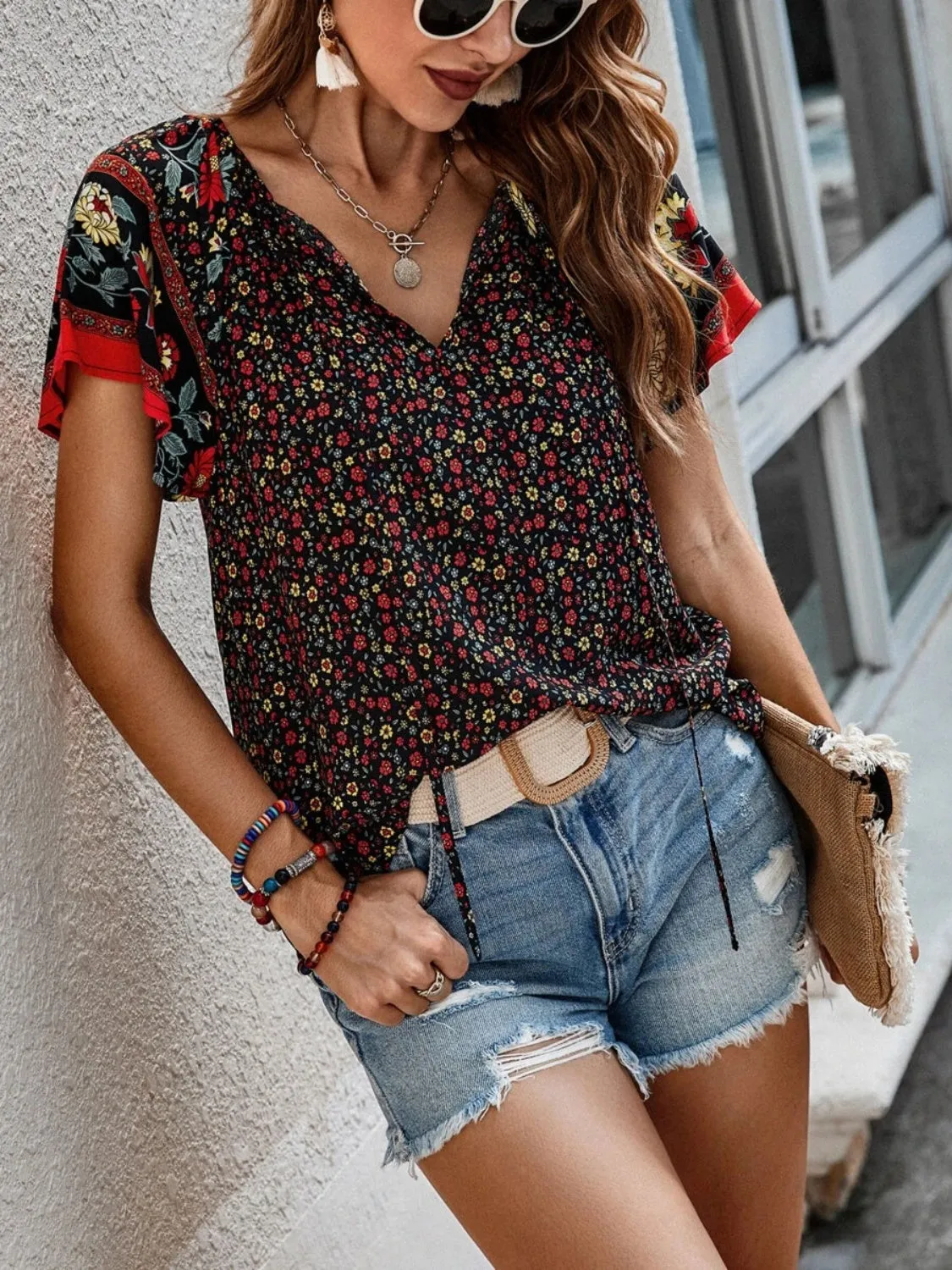 Floral Printed Tie Neck Short Sleeve Blouse (4 Colors)