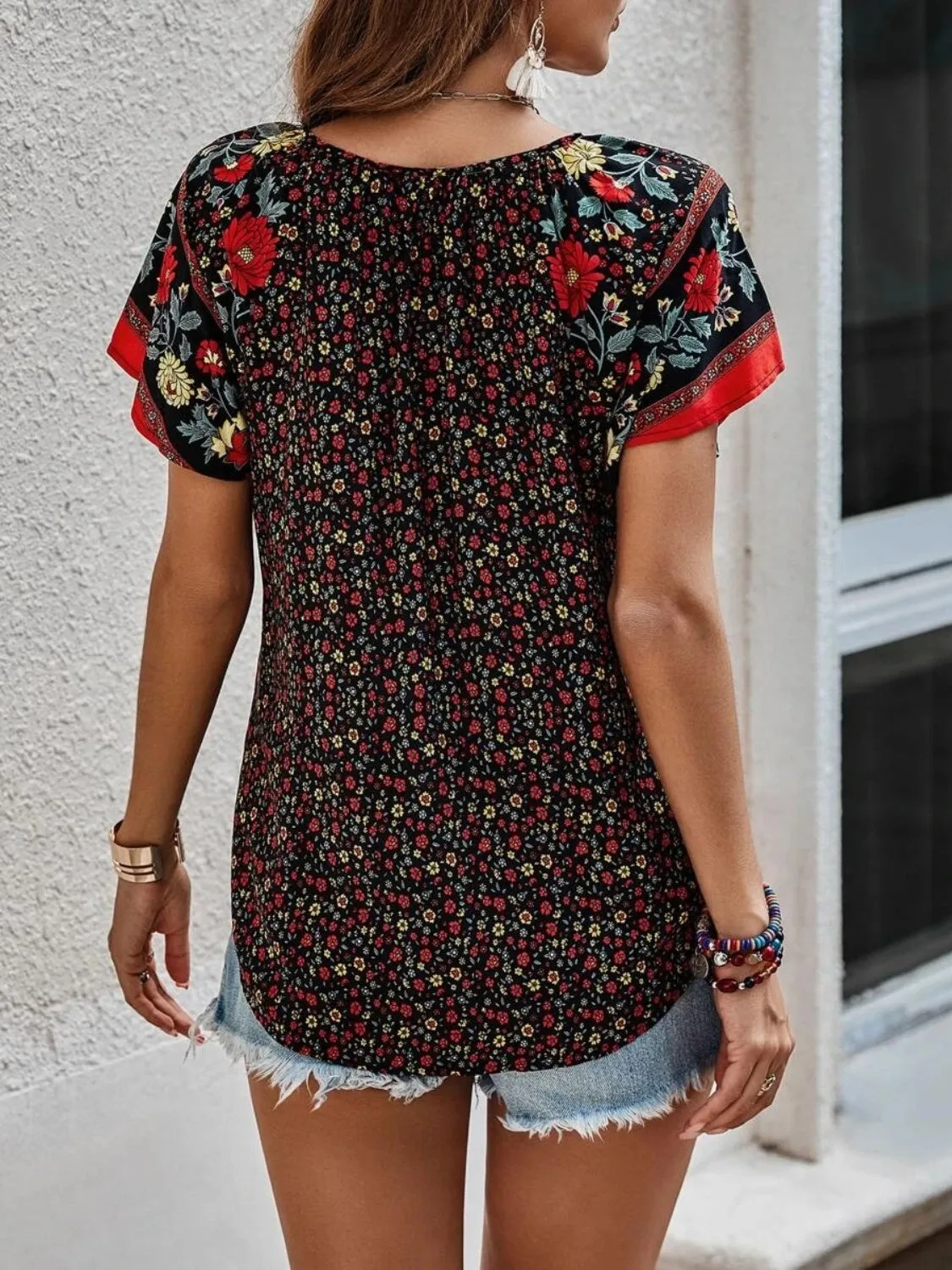 Floral Printed Tie Neck Short Sleeve Blouse (4 Colors)