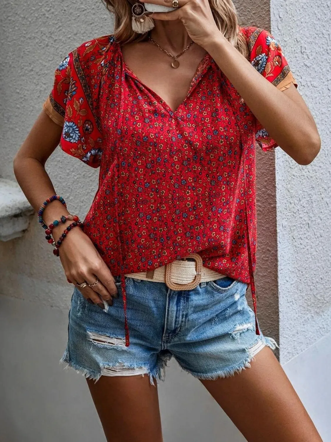Floral Printed Tie Neck Short Sleeve Blouse (4 Colors)