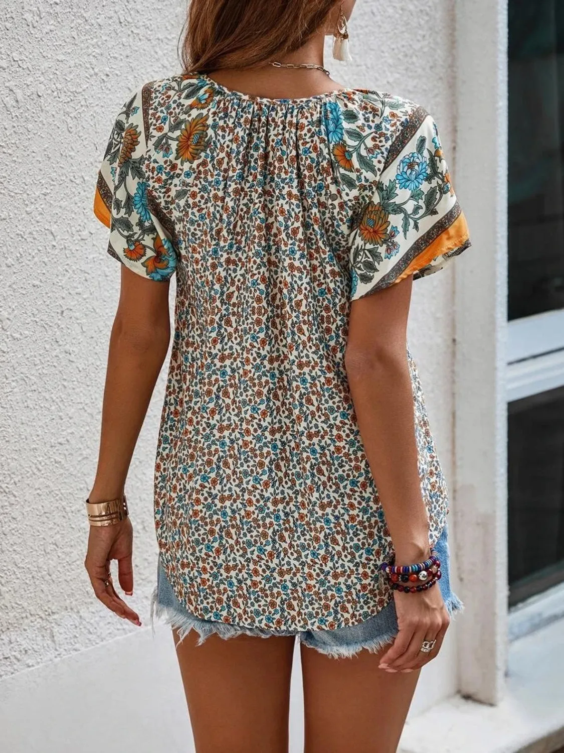 Floral Printed Tie Neck Short Sleeve Blouse (4 Colors)