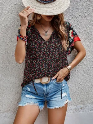 Floral Printed Tie Neck Short Sleeve Blouse (4 Colors)