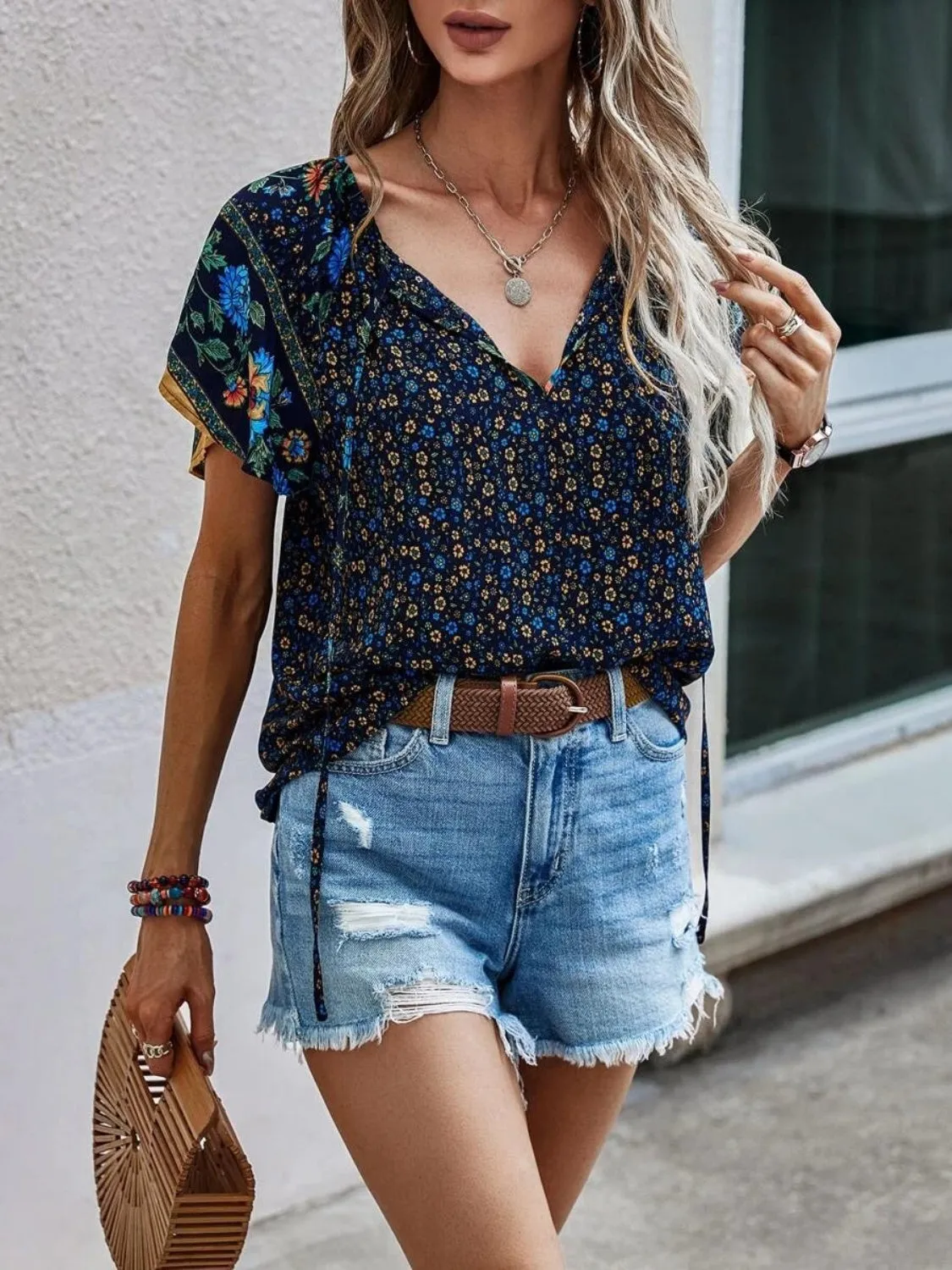 Floral Printed Tie Neck Short Sleeve Blouse (4 Colors)