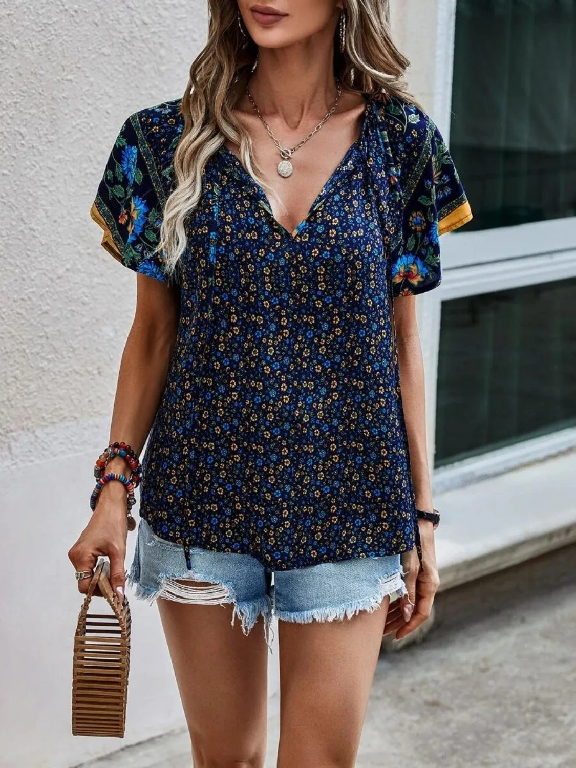 Floral Printed Tie Neck Short Sleeve Blouse (4 Colors)
