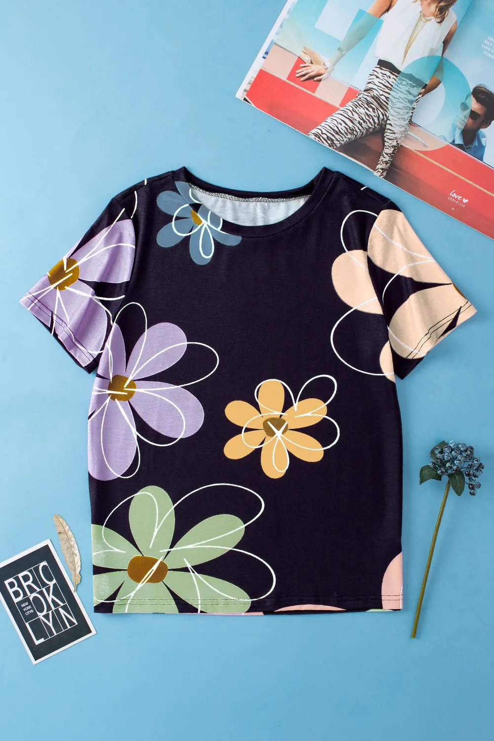 Flower Casual Round Neck T Shirt