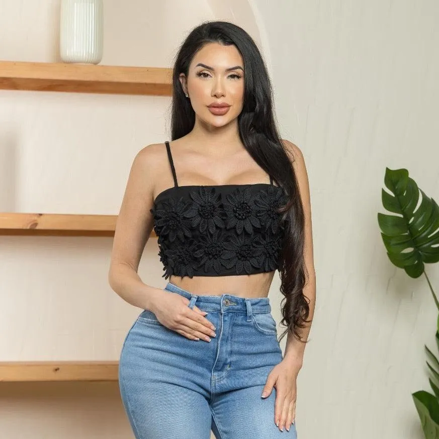 Flower Crop Top Black (C57)