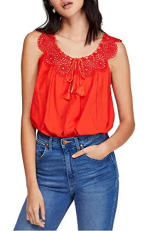 Free People Womens Clover Crochet Sleeveless Camisole Top Red L