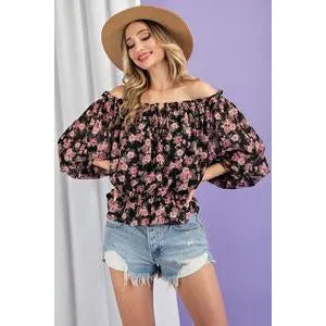 Frilly in Floral Top in Black