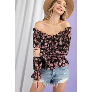 Frilly in Floral Top in Black