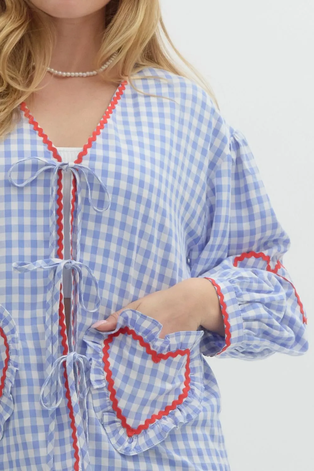 Gingham Long Sleeve Top with Heart Pockets & Ric Rac Trim
