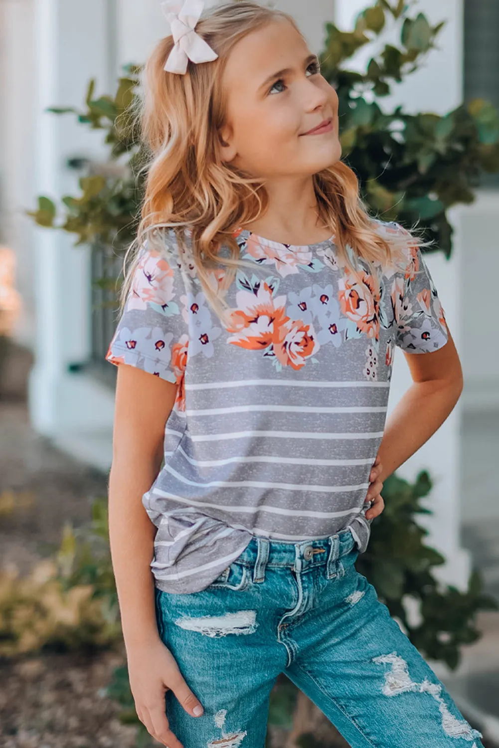 Gray Round Neck Floral Striped Print Kid's Tee
