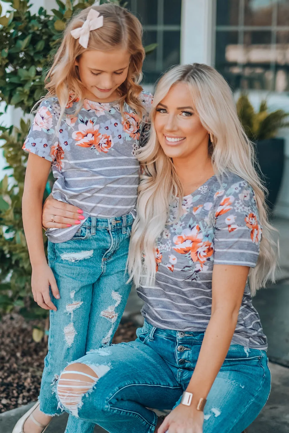 Gray Round Neck Floral Striped Print Kid's Tee