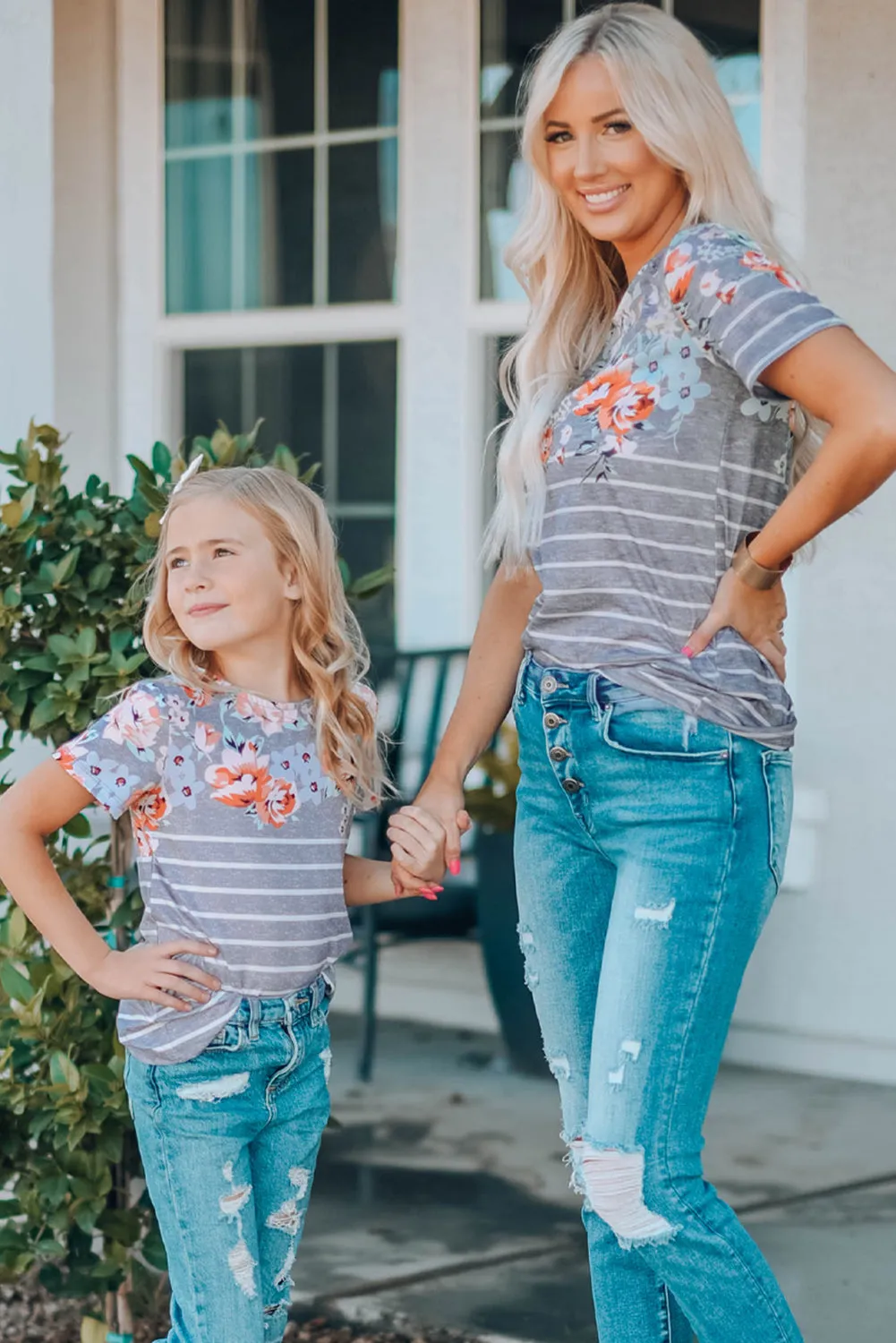 Gray Round Neck Floral Striped Print Kid's Tee