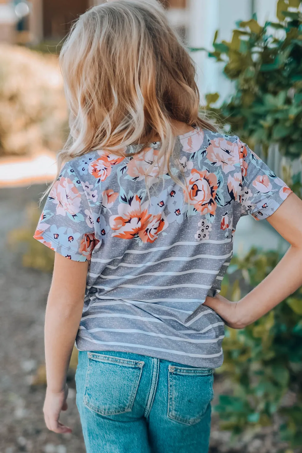 Gray Round Neck Floral Striped Print Kid's Tee