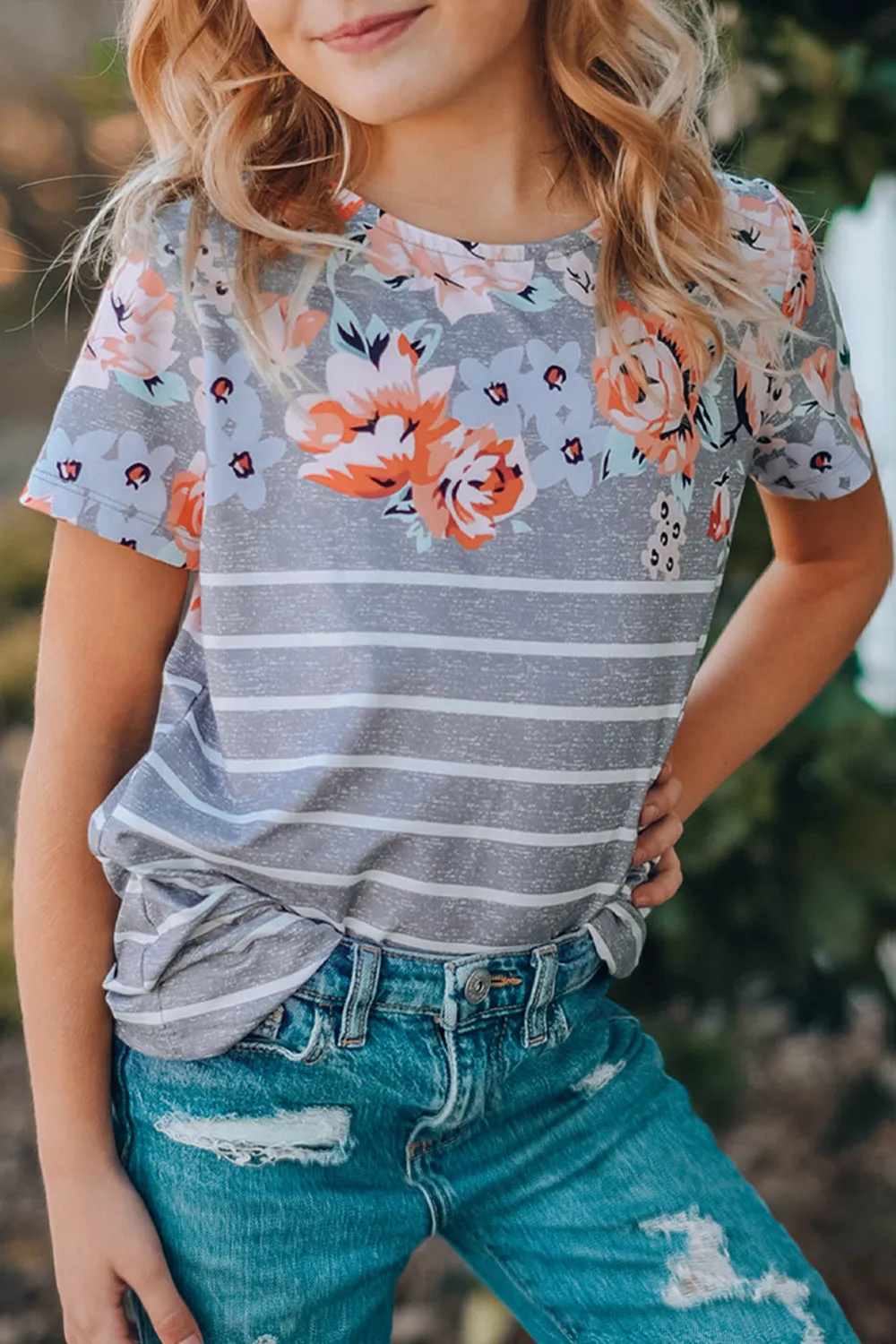 Gray Round Neck Floral Striped Print Kid's Tee