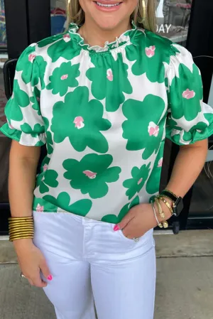 Green Floral Puff Sleeve Frill Neckline Blouse