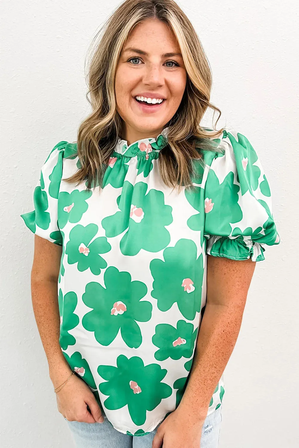 Green Floral Puff Sleeve Frill Neckline Blouse