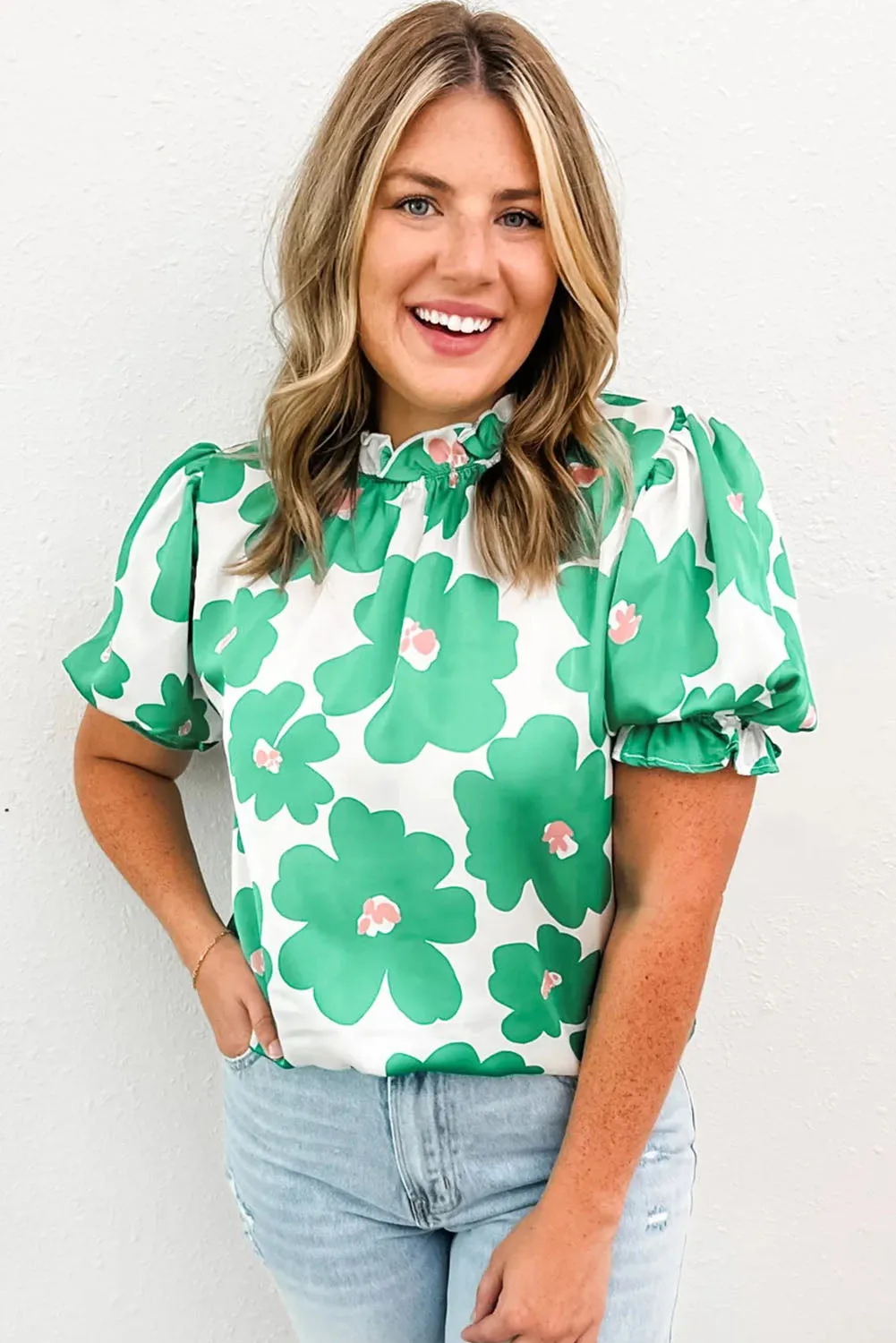 Green Floral Puff Sleeve Frill Neckline Blouse