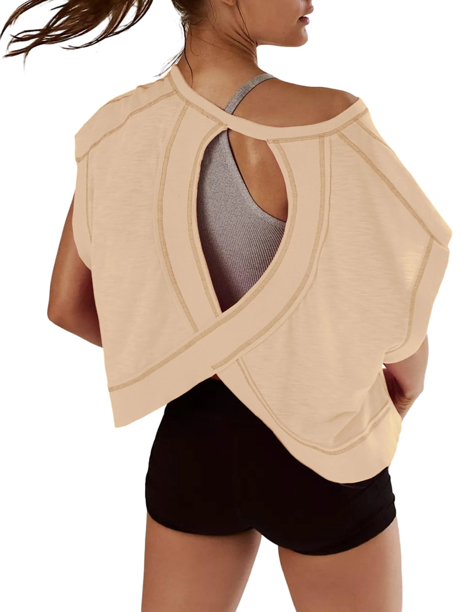 Green up arrow, increased. Kumufenc Women Short Sleeve Workout Shirts Open Back Tops Casual Yoga Y2k Athletic Gym Slouchy Crop Running Tees.