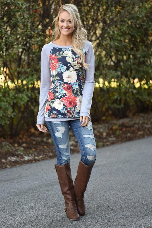 Grey Floral Top