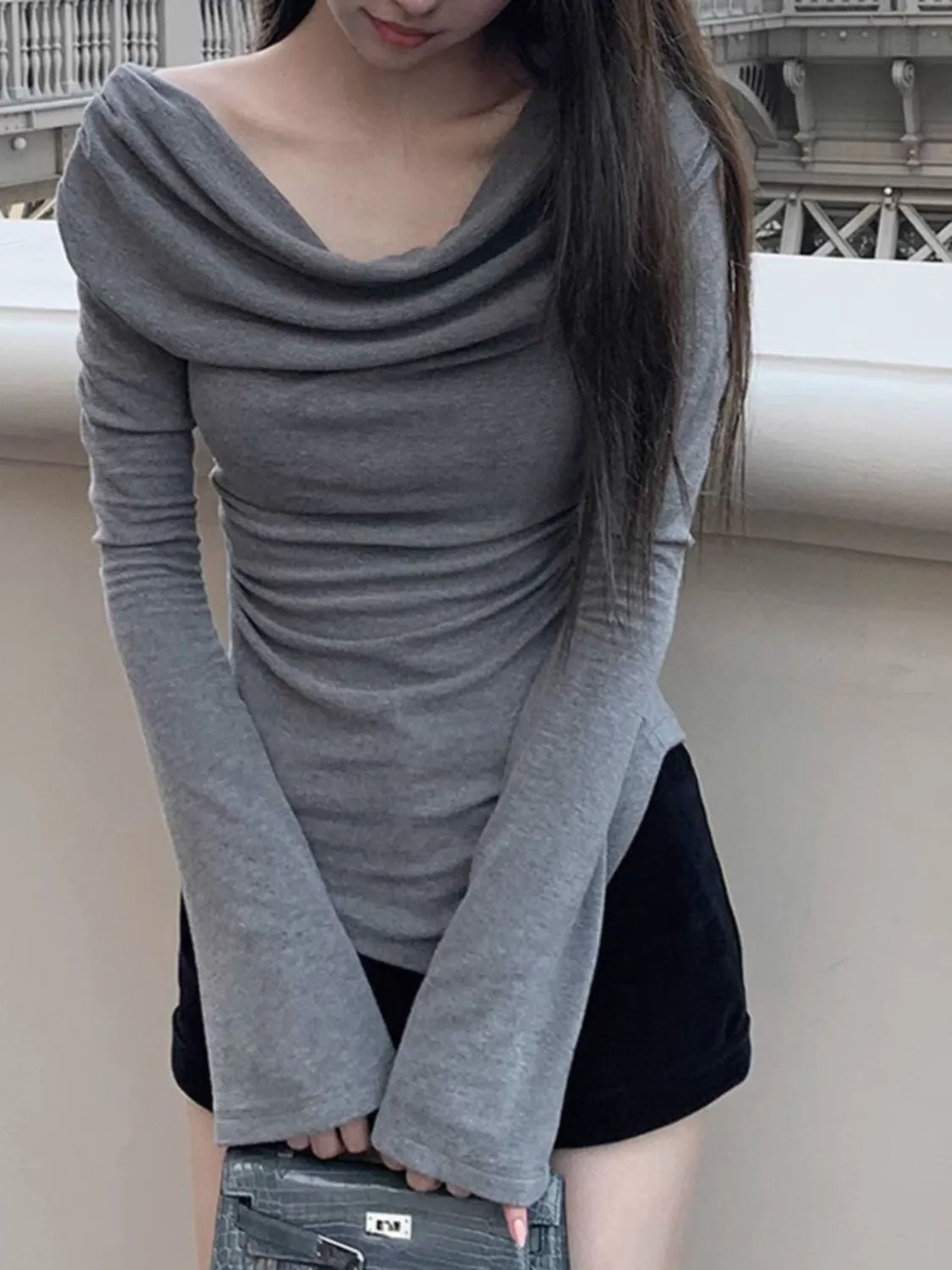 Grey Off Shoulder Longline Fitted Top