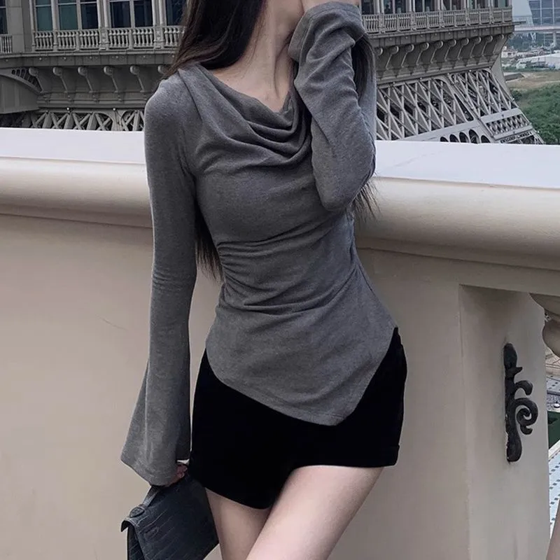Grey Off Shoulder Longline Fitted Top