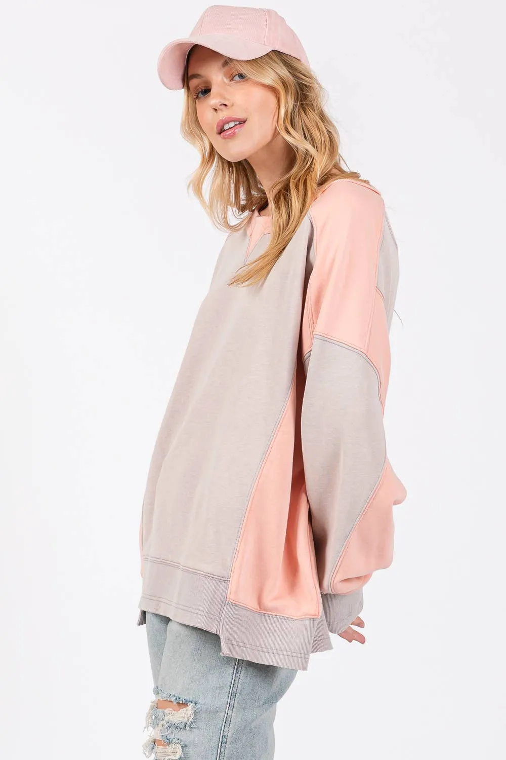 Grey Peach Color Block Sage   Fig Pullover