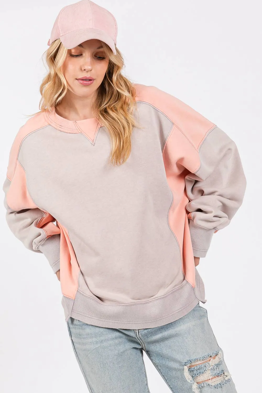 Grey Peach Color Block Sage   Fig Pullover