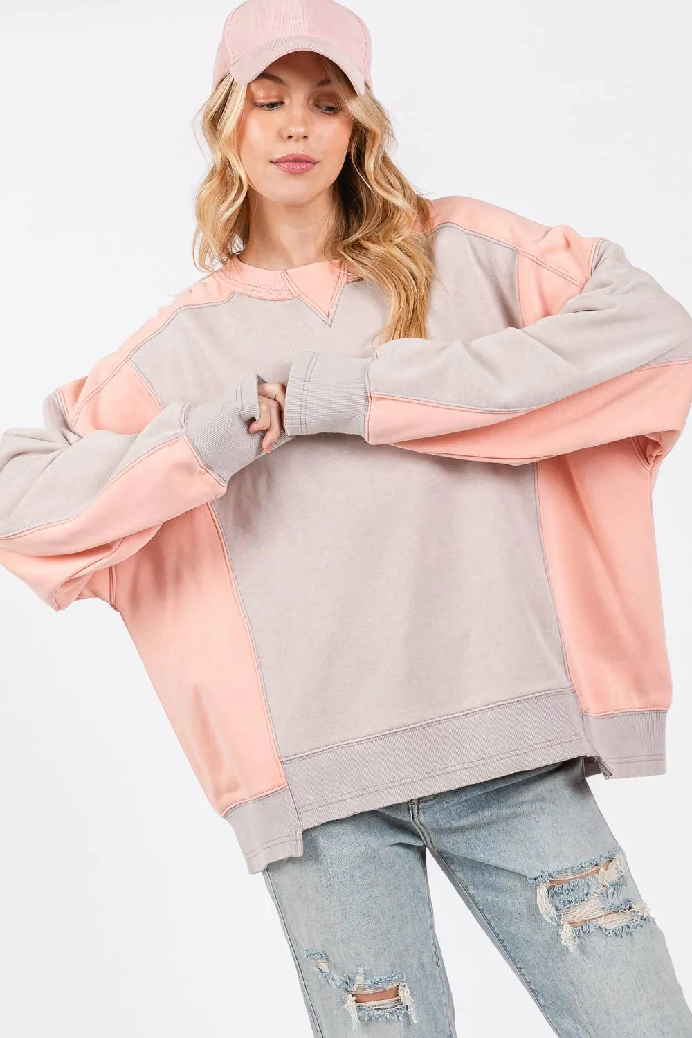 Grey Peach Color Block Sage   Fig Pullover